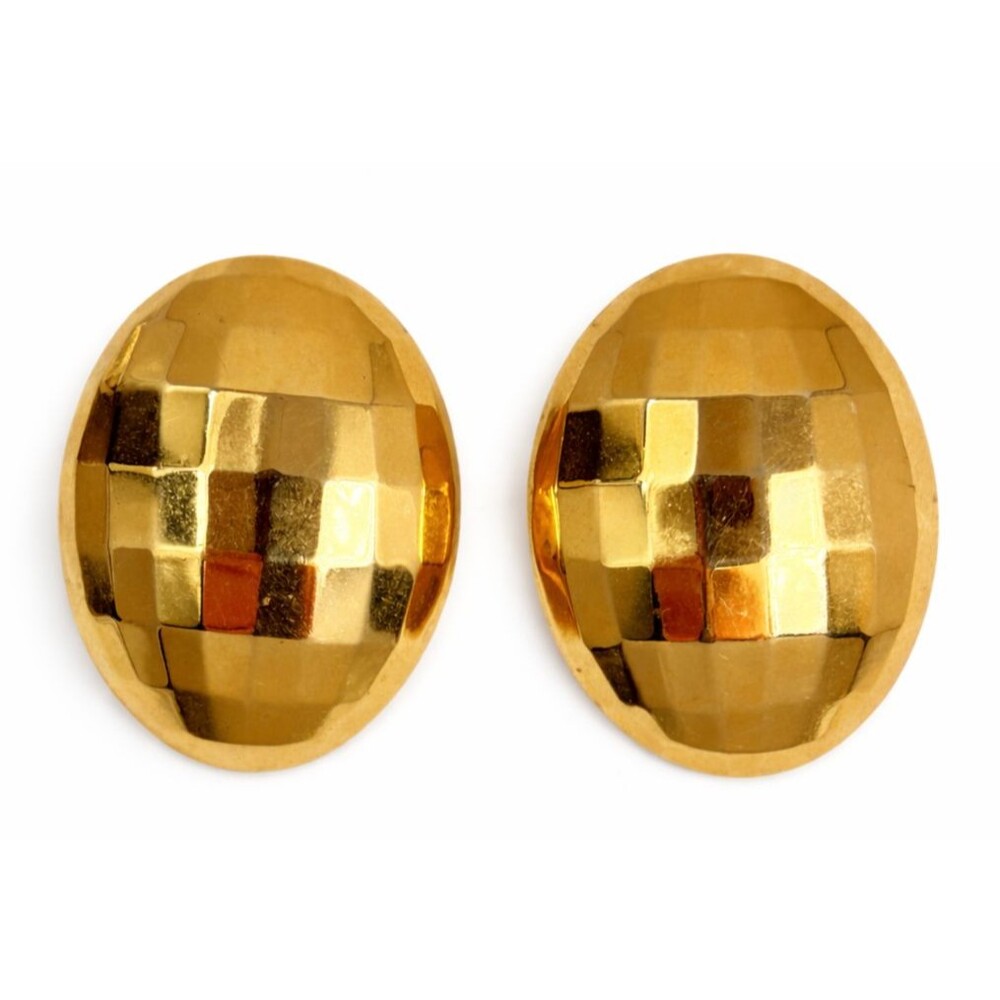 Vintage 1980s Gold Tone Faceted Oval Dome Earrings Bold Minimalist Disco Runway